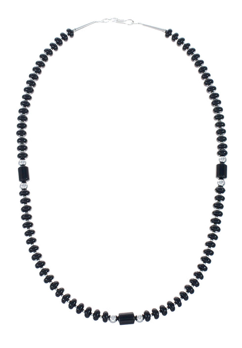 Navajo Onyx Sterling Silver Bead Necklace And Pendant Set JX130634